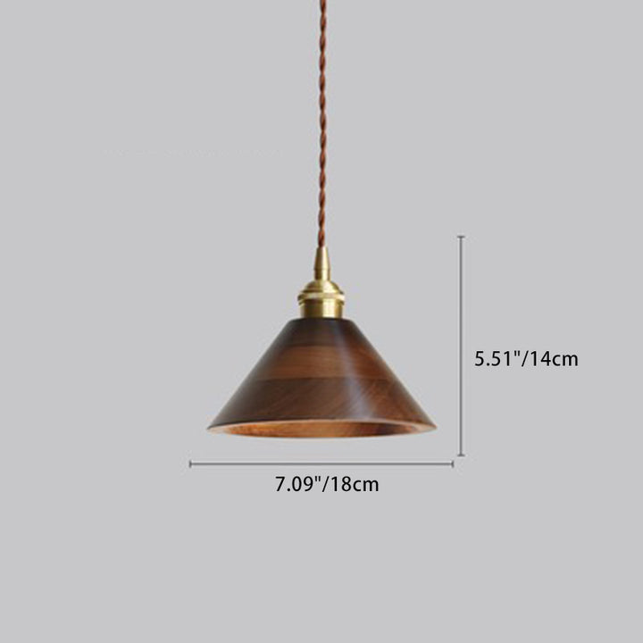 Lustre suspendu à 1 lumière avec abat-jour en bois de cuivre trapézoïdal conique rond japonais traditionnel pour chambre 