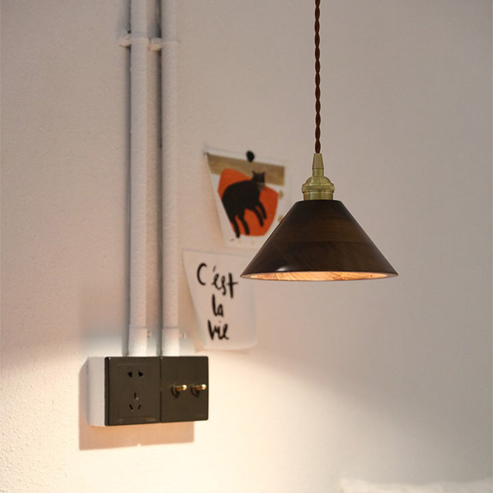 Lustre suspendu à 1 lumière avec abat-jour en bois de cuivre trapézoïdal conique rond japonais traditionnel pour chambre 
