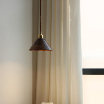 Lustre suspendu à 1 lumière avec abat-jour en bois de cuivre trapézoïdal conique rond japonais traditionnel pour chambre 
