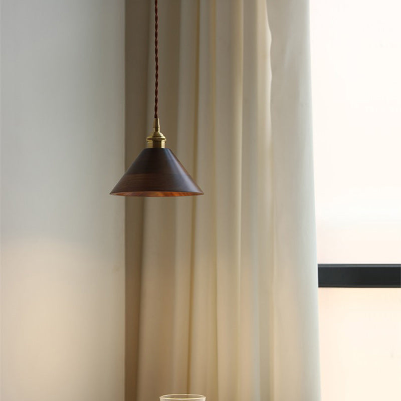 Lustre suspendu à 1 lumière avec abat-jour en bois de cuivre trapézoïdal conique rond japonais traditionnel pour chambre 