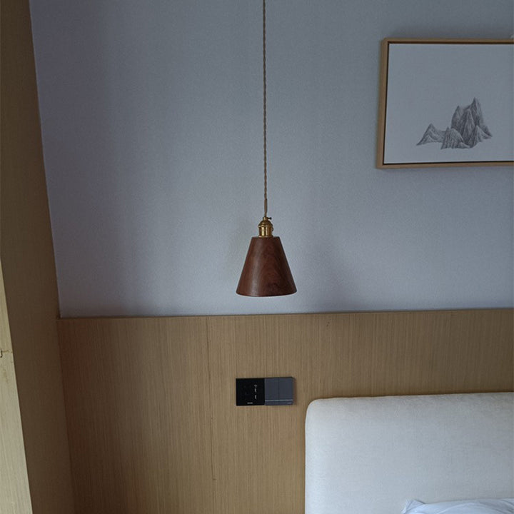 Lustre suspendu à 1 lumière avec abat-jour en bois de cuivre trapézoïdal conique rond japonais traditionnel pour chambre 
