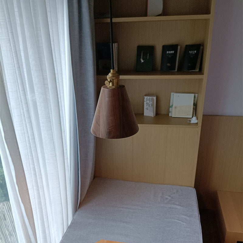 Lustre suspendu à 1 lumière avec abat-jour en bois de cuivre trapézoïdal conique rond japonais traditionnel pour chambre 