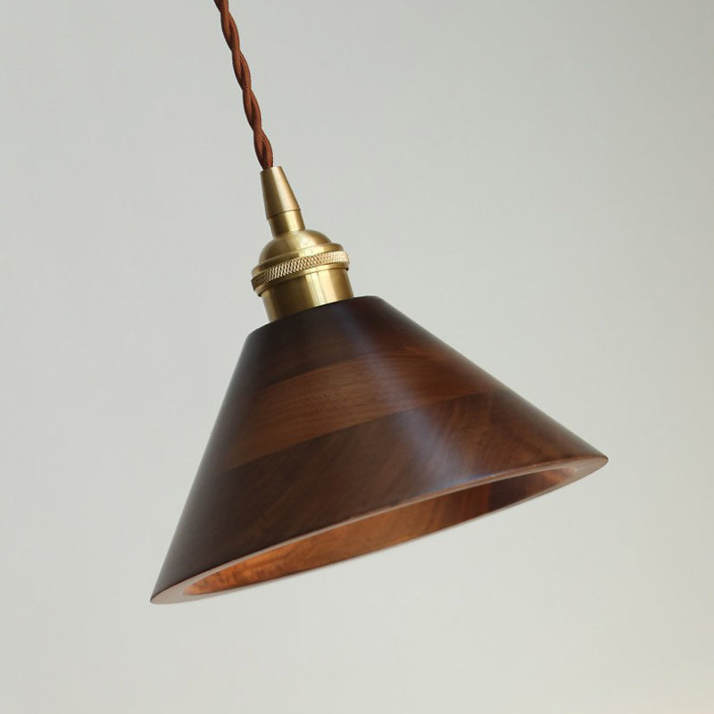 Lustre suspendu à 1 lumière avec abat-jour en bois de cuivre trapézoïdal conique rond japonais traditionnel pour chambre 