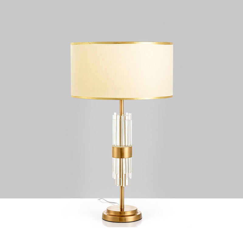 Lampe de table contemporaine de luxe avec abat-jour en tissu cylindrique rond, base en verre et métal, 1 lumière pour chambre à coucher 