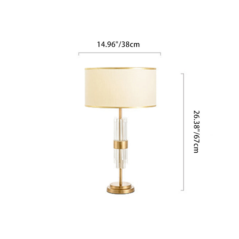 Lampe de table contemporaine de luxe avec abat-jour en tissu cylindrique rond, base en verre et métal, 1 lumière pour chambre à coucher 