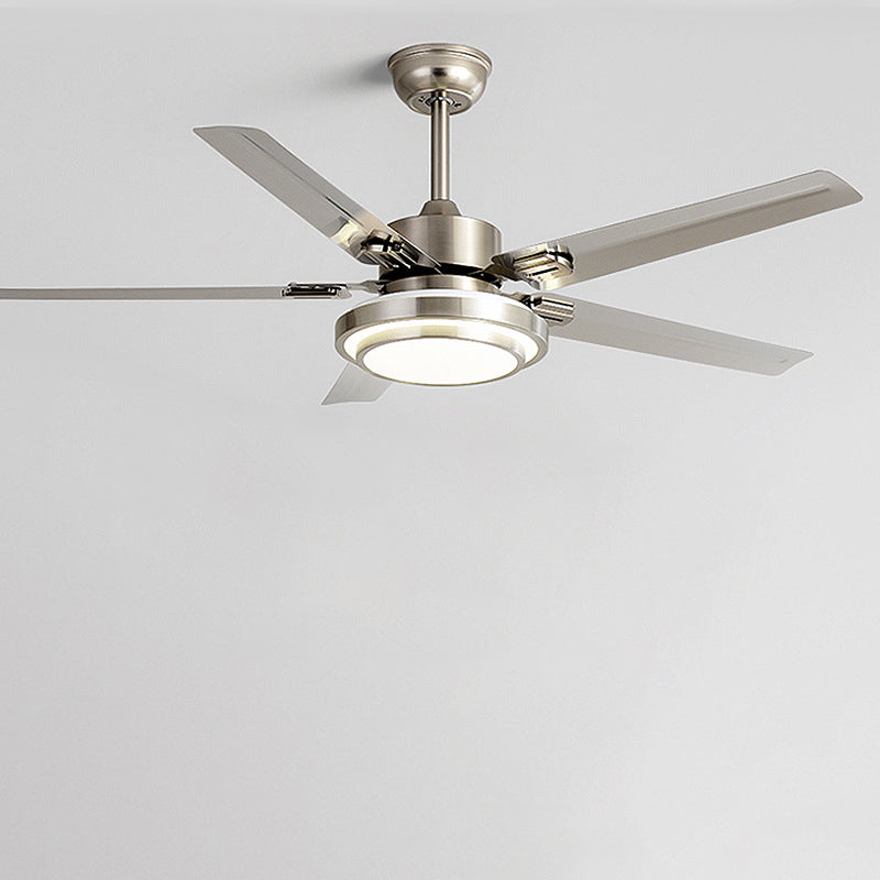 Ventilador de techo con luz LED de aspas redondas rectangulares industriales contemporáneas de hierro con varillas de extensión para sala de estar 