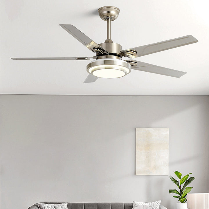 Ventilador de techo con luz LED de aspas redondas rectangulares industriales contemporáneas de hierro con varillas de extensión para sala de estar 
