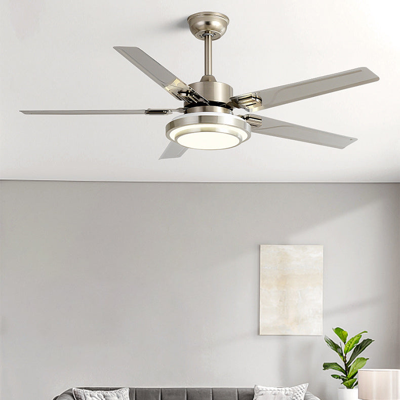 Ventilador de techo con luz LED de aspas redondas rectangulares industriales contemporáneas de hierro con varillas de extensión para sala de estar 
