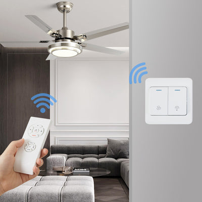 Ventilador de techo con luz LED de aspas redondas rectangulares industriales contemporáneas de hierro con varillas de extensión para sala de estar 