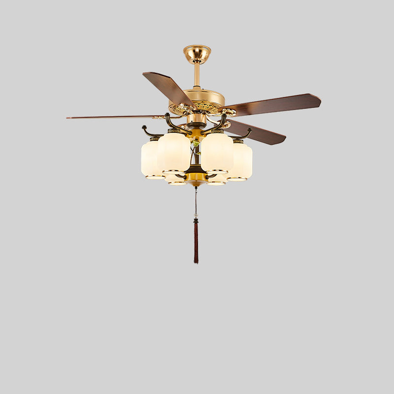 Traditionelle chinesische runde Laterne Eisen Holz Fan Blatt Glasschirm 3/6 Licht Downrod Deckenventilator Licht für Wohnzimmer 