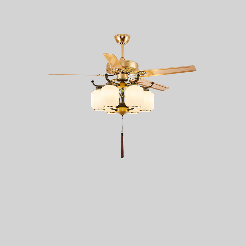 Traditionelle chinesische runde Laterne Eisen Holz Fan Blatt Glasschirm 3/6 Licht Downrod Deckenventilator Licht für Wohnzimmer 