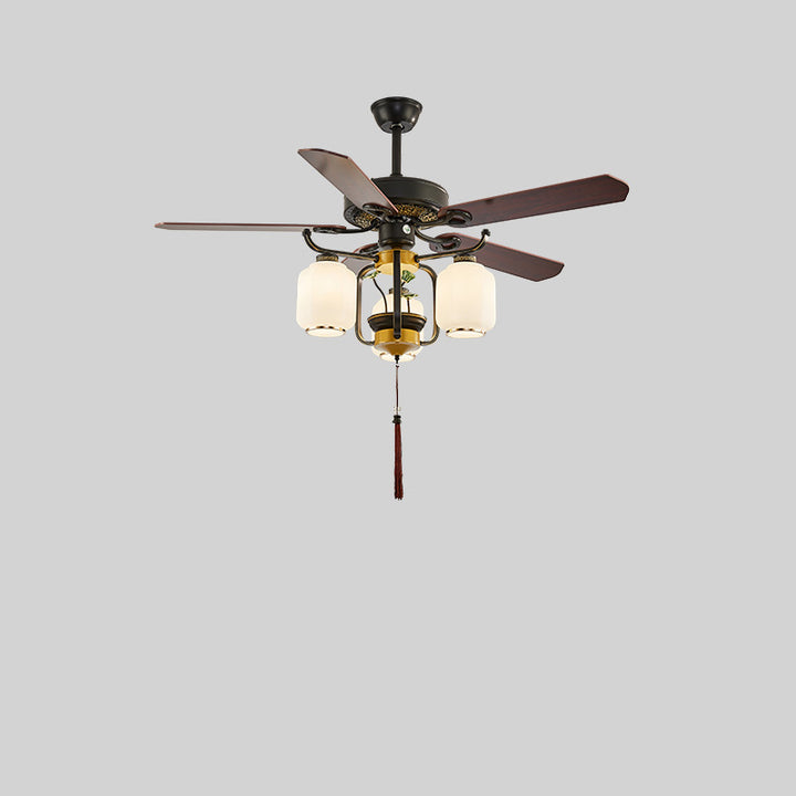 Traditionelle chinesische runde Laterne Eisen Holz Fan Blatt Glasschirm 3/6 Licht Downrod Deckenventilator Licht für Wohnzimmer 