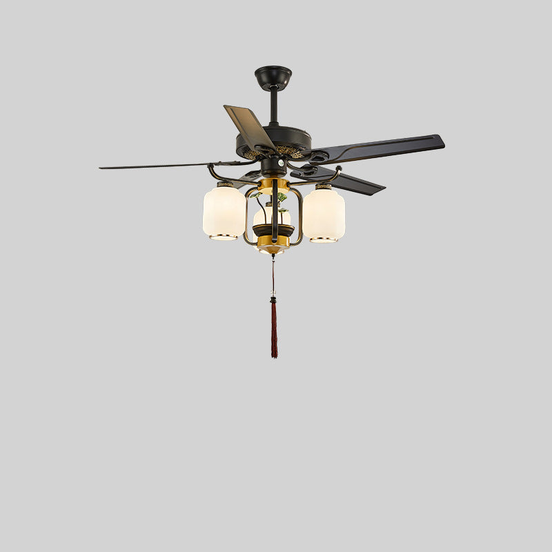 Traditionelle chinesische runde Laterne Eisen Holz Fan Blatt Glasschirm 3/6 Licht Downrod Deckenventilator Licht für Wohnzimmer 