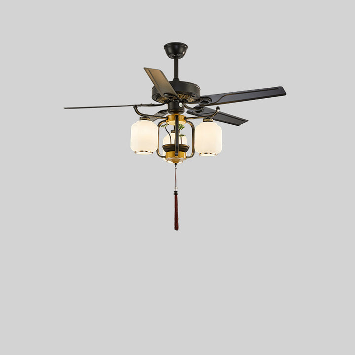 Traditionelle chinesische runde Laterne Eisen Holz Fan Blatt Glasschirm 3/6 Licht Downrod Deckenventilator Licht für Wohnzimmer 