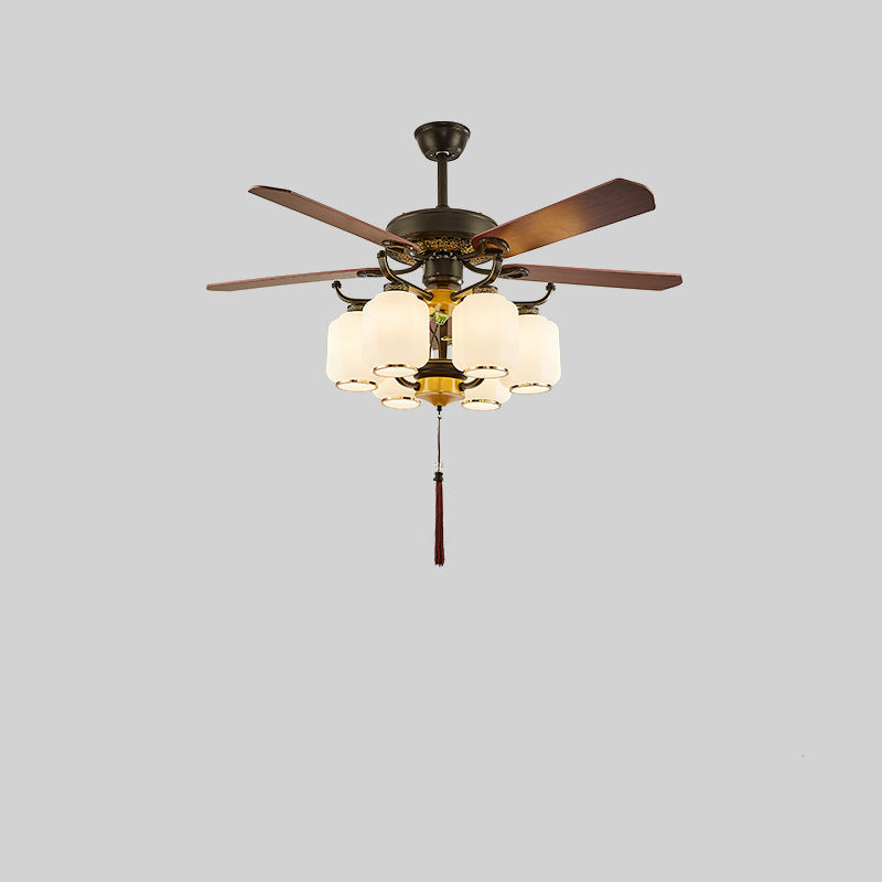 Traditionelle chinesische runde Laterne Eisen Holz Fan Blatt Glasschirm 3/6 Licht Downrod Deckenventilator Licht für Wohnzimmer 