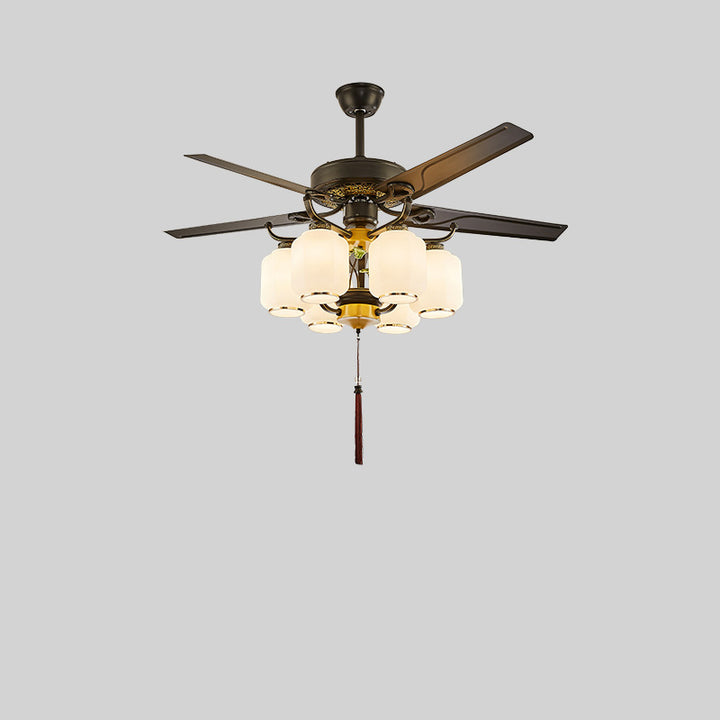 Traditionelle chinesische runde Laterne Eisen Holz Fan Blatt Glasschirm 3/6 Licht Downrod Deckenventilator Licht für Wohnzimmer 