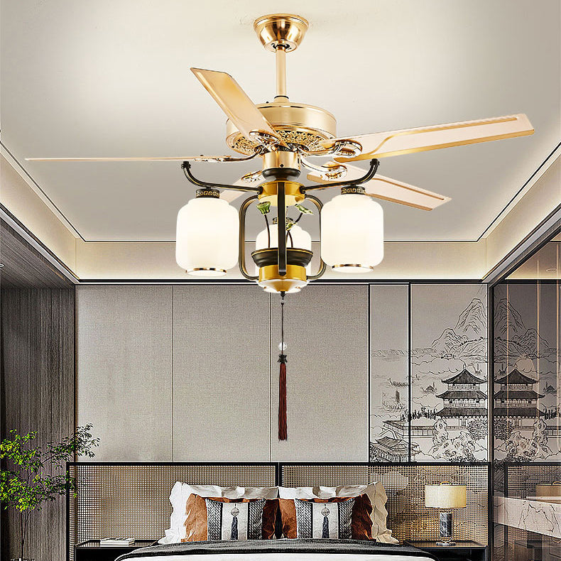 Traditionelle chinesische runde Laterne Eisen Holz Fan Blatt Glasschirm 3/6 Licht Downrod Deckenventilator Licht für Wohnzimmer 