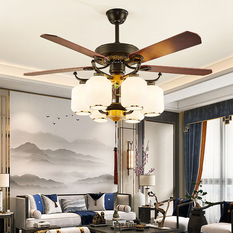 Traditionelle chinesische runde Laterne Eisen Holz Fan Blatt Glasschirm 3/6 Licht Downrod Deckenventilator Licht für Wohnzimmer 