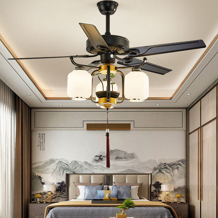 Traditionelle chinesische runde Laterne Eisen Holz Fan Blatt Glasschirm 3/6 Licht Downrod Deckenventilator Licht für Wohnzimmer 