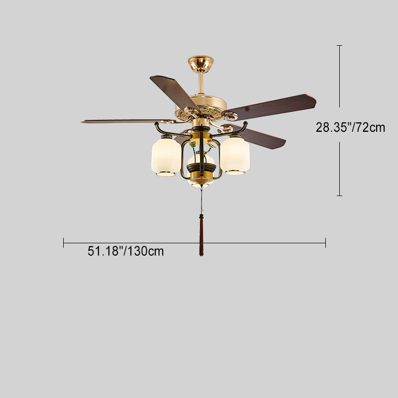 Traditionelle chinesische runde Laterne Eisen Holz Fan Blatt Glasschirm 3/6 Licht Downrod Deckenventilator Licht für Wohnzimmer 