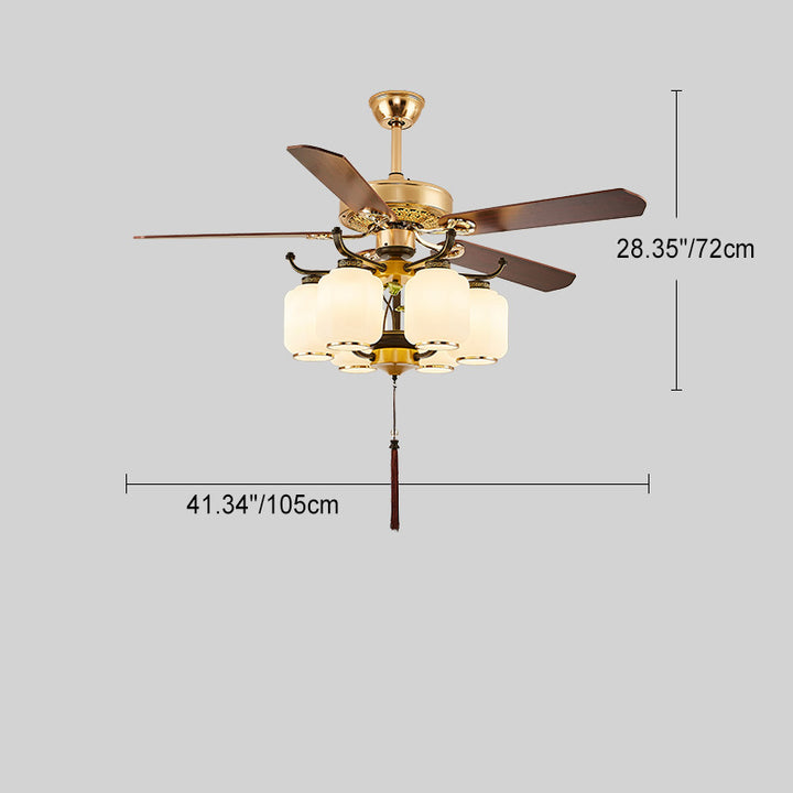 Traditionelle chinesische runde Laterne Eisen Holz Fan Blatt Glasschirm 3/6 Licht Downrod Deckenventilator Licht für Wohnzimmer 