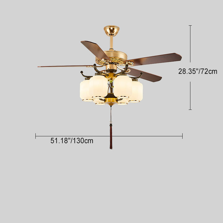 Traditionelle chinesische runde Laterne Eisen Holz Fan Blatt Glasschirm 3/6 Licht Downrod Deckenventilator Licht für Wohnzimmer 
