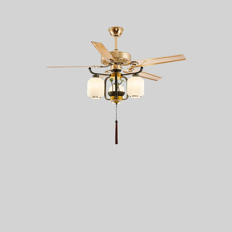 Traditionelle chinesische runde Laterne Eisen Holz Fan Blatt Glasschirm 3/6 Licht Downrod Deckenventilator Licht für Wohnzimmer 