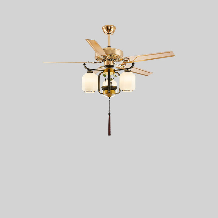 Traditionelle chinesische runde Laterne Eisen Holz Fan Blatt Glasschirm 3/6 Licht Downrod Deckenventilator Licht für Wohnzimmer 