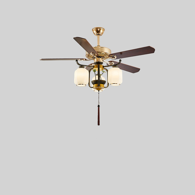 Traditionelle chinesische runde Laterne Eisen Holz Fan Blatt Glasschirm 3/6 Licht Downrod Deckenventilator Licht für Wohnzimmer 