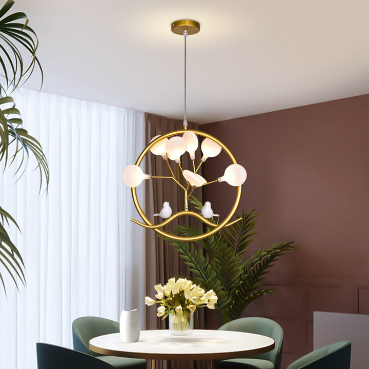 Lámpara colgante contemporánea nórdica con forma de hoja redonda de pájaro, marco de hierro, acrílico, 9 luces para sala de estar 