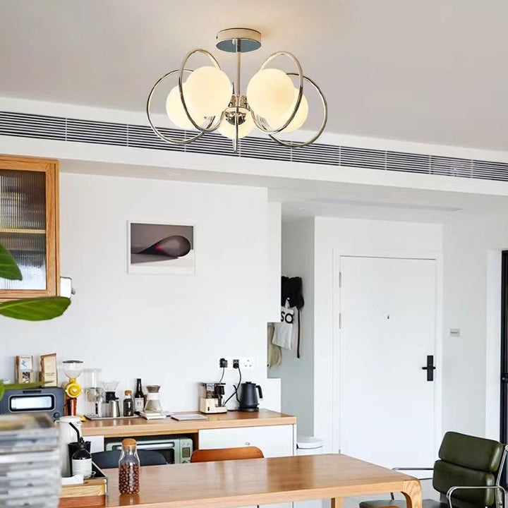 Zeitgenössischer nordischer Kreis-Kugel-Eisen-Glasschirm 3/5 Licht-Kronleuchter für Wohnzimmer 