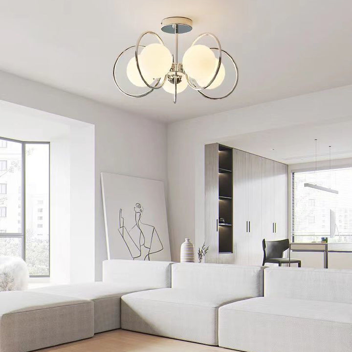 Zeitgenössischer nordischer Kreis-Kugel-Eisen-Glasschirm 3/5 Licht-Kronleuchter für Wohnzimmer 