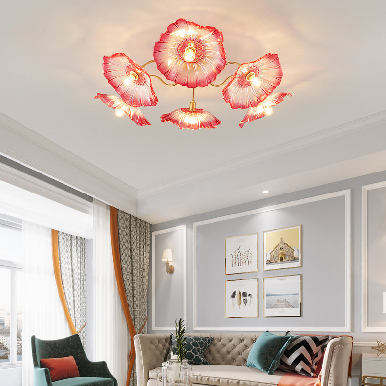 Moderne Minimaliste Branche Fleur Cadre en Cuivre Abat-jour en Verre 3/5/6 Lumière Plafonnier Semi-Encastré Pour Salon 