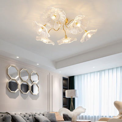Moderne Minimaliste Branche Fleur Cadre en Cuivre Abat-jour en Verre 3/5/6 Lumière Plafonnier Semi-Encastré Pour Salon 
