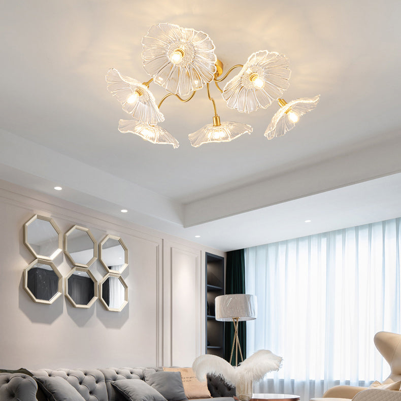 Moderne Minimaliste Branche Fleur Cadre en Cuivre Abat-jour en Verre 3/5/6 Lumière Plafonnier Semi-Encastré Pour Salon 