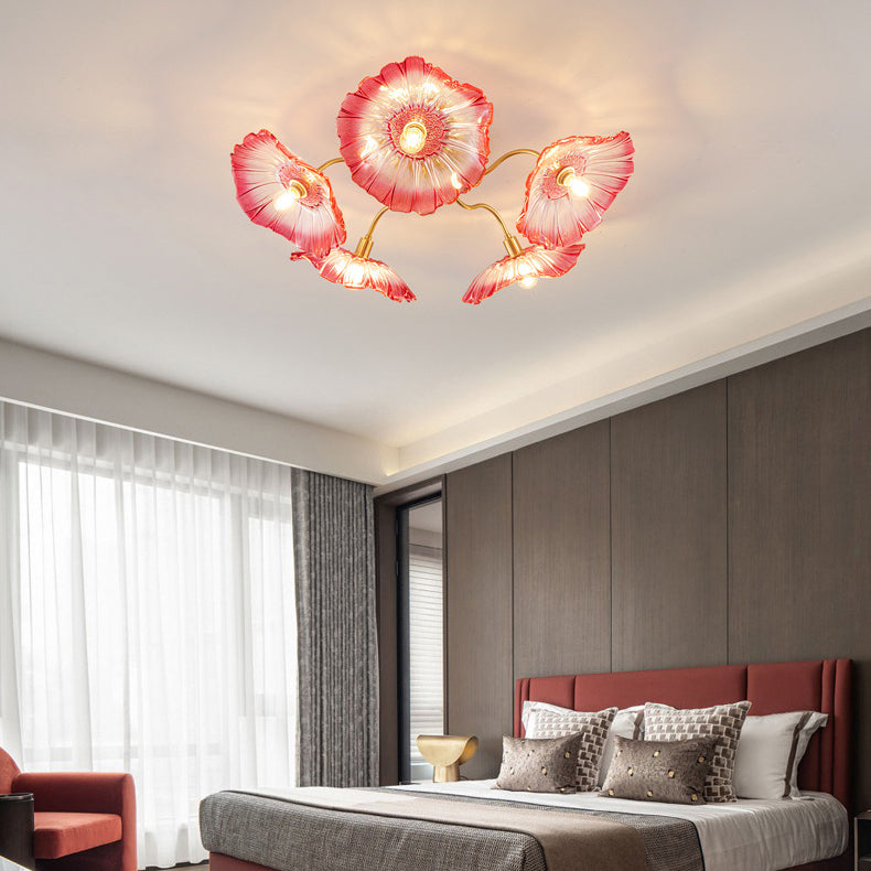 Moderne Minimaliste Branche Fleur Cadre en Cuivre Abat-jour en Verre 3/5/6 Lumière Plafonnier Semi-Encastré Pour Salon 