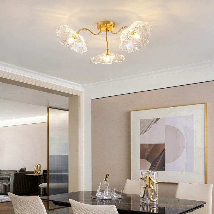 Moderne Minimaliste Branche Fleur Cadre en Cuivre Abat-jour en Verre 3/5/6 Lumière Plafonnier Semi-Encastré Pour Salon 