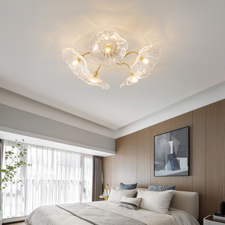 Moderne Minimaliste Branche Fleur Cadre en Cuivre Abat-jour en Verre 3/5/6 Lumière Plafonnier Semi-Encastré Pour Salon 