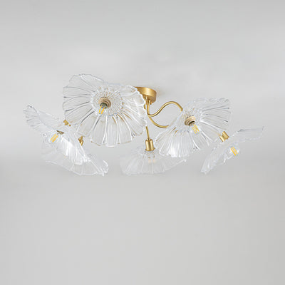 Moderne Minimaliste Branche Fleur Cadre en Cuivre Abat-jour en Verre 3/5/6 Lumière Plafonnier Semi-Encastré Pour Salon 