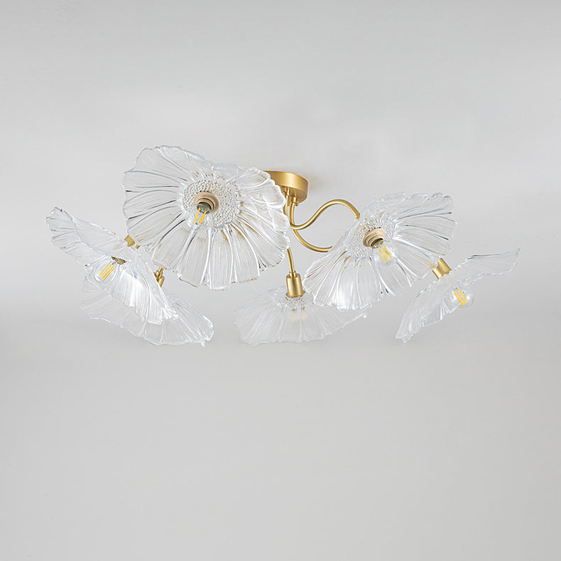 Moderne Minimaliste Branche Fleur Cadre en Cuivre Abat-jour en Verre 3/5/6 Lumière Plafonnier Semi-Encastré Pour Salon 