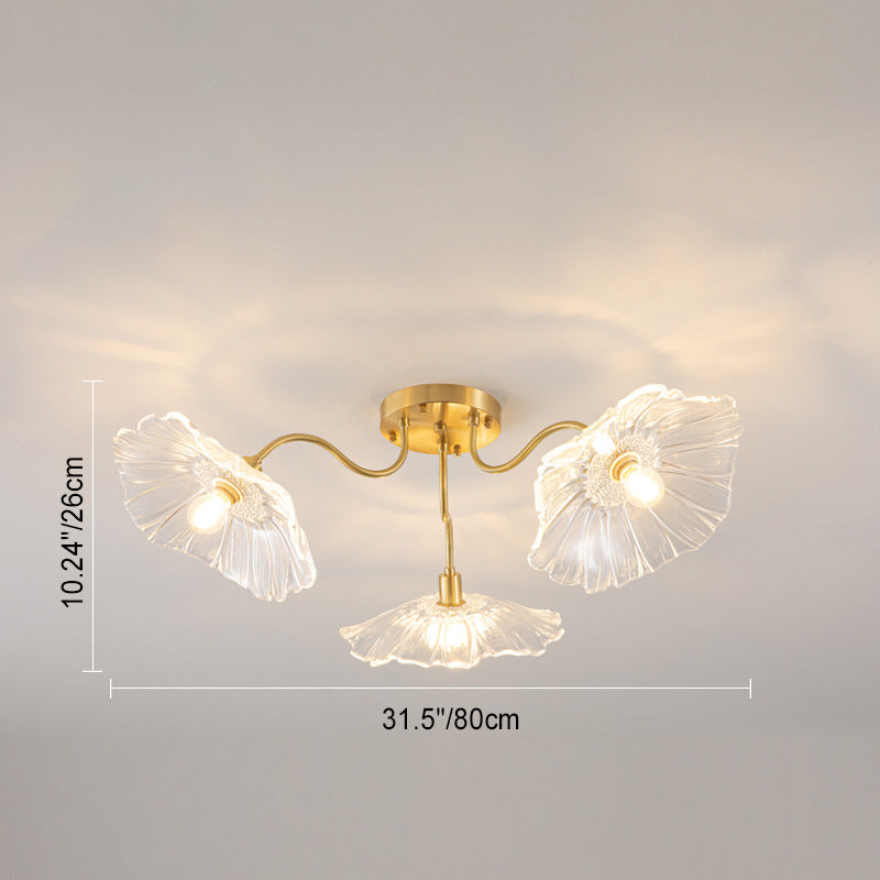 Moderne Minimaliste Branche Fleur Cadre en Cuivre Abat-jour en Verre 3/5/6 Lumière Plafonnier Semi-Encastré Pour Salon 