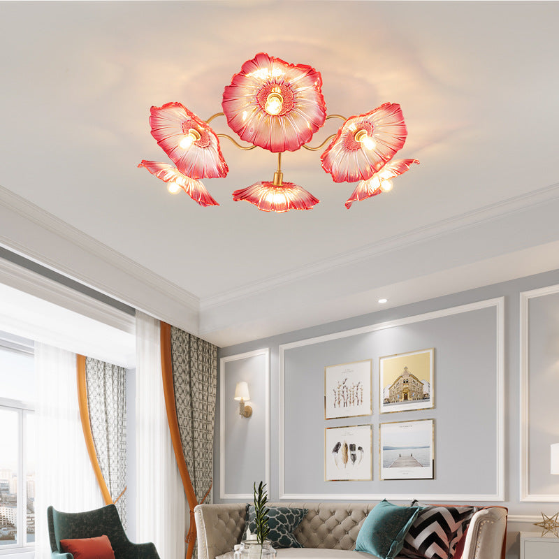 Moderne Minimaliste Branche Fleur Cadre en Cuivre Abat-jour en Verre 3/5/6 Lumière Plafonnier Semi-Encastré Pour Salon 