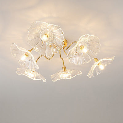 Moderne Minimaliste Branche Fleur Cadre en Cuivre Abat-jour en Verre 3/5/6 Lumière Plafonnier Semi-Encastré Pour Salon 