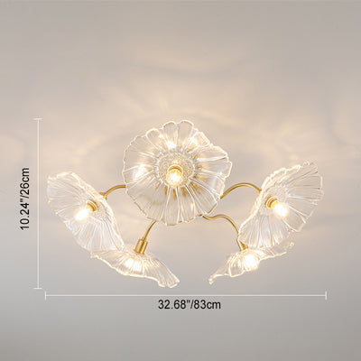 Moderne Minimaliste Branche Fleur Cadre en Cuivre Abat-jour en Verre 3/5/6 Lumière Plafonnier Semi-Encastré Pour Salon 