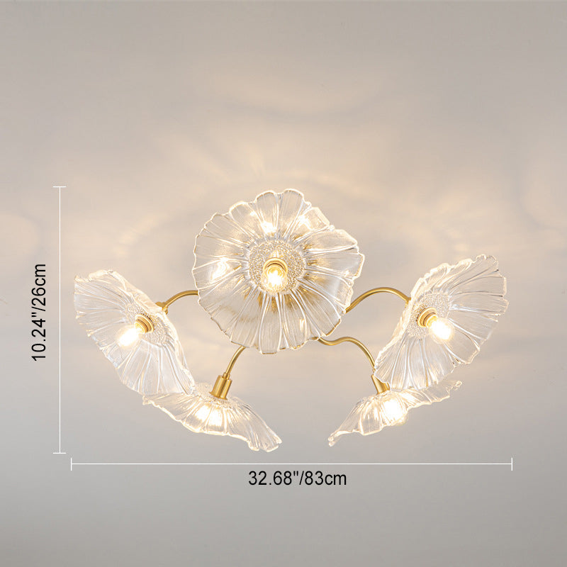 Moderne Minimaliste Branche Fleur Cadre en Cuivre Abat-jour en Verre 3/5/6 Lumière Plafonnier Semi-Encastré Pour Salon 