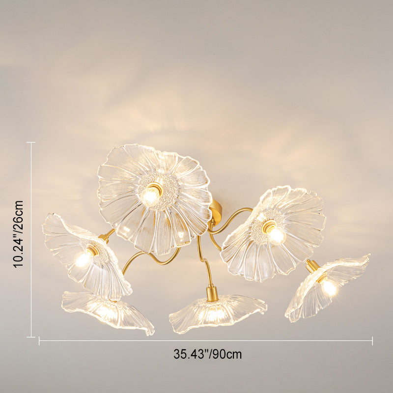 Moderne Minimaliste Branche Fleur Cadre en Cuivre Abat-jour en Verre 3/5/6 Lumière Plafonnier Semi-Encastré Pour Salon 