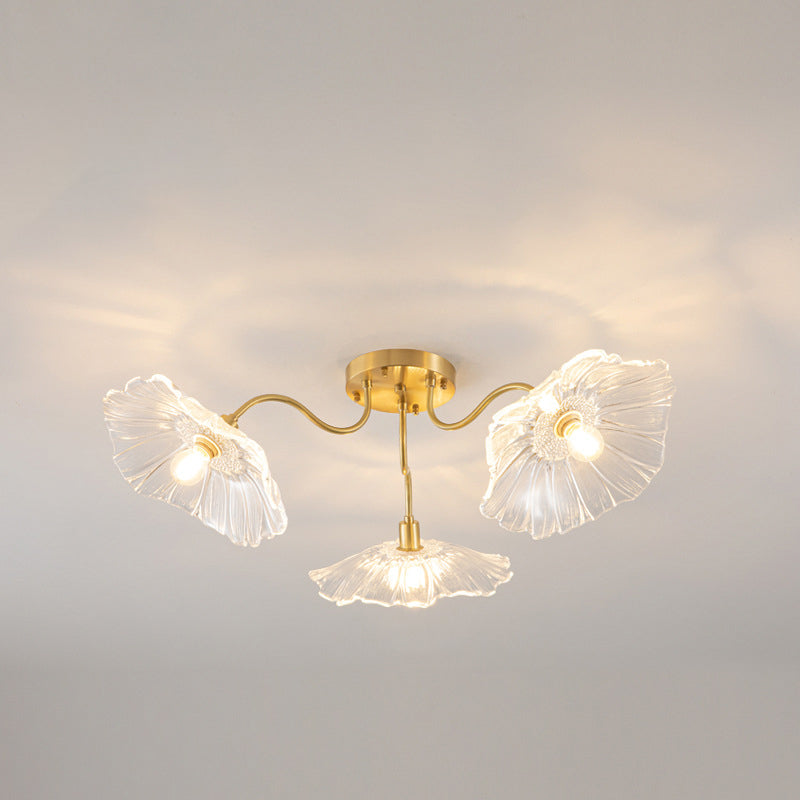 Moderne Minimaliste Branche Fleur Cadre en Cuivre Abat-jour en Verre 3/5/6 Lumière Plafonnier Semi-Encastré Pour Salon 
