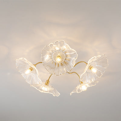 Moderne Minimaliste Branche Fleur Cadre en Cuivre Abat-jour en Verre 3/5/6 Lumière Plafonnier Semi-Encastré Pour Salon 
