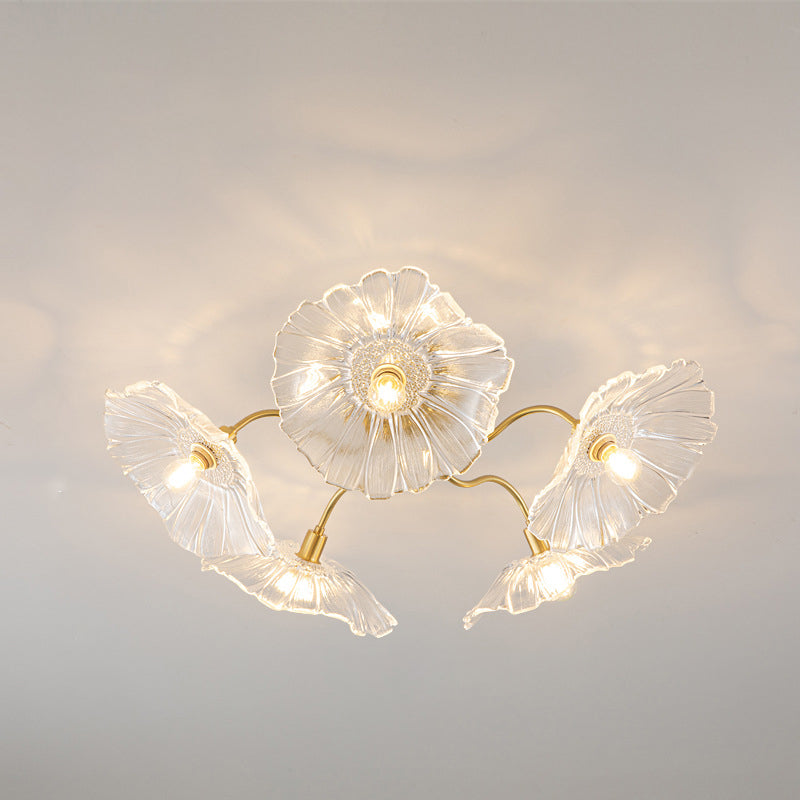 Moderne Minimaliste Branche Fleur Cadre en Cuivre Abat-jour en Verre 3/5/6 Lumière Plafonnier Semi-Encastré Pour Salon 