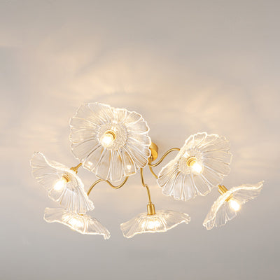 Moderne Minimaliste Branche Fleur Cadre en Cuivre Abat-jour en Verre 3/5/6 Lumière Plafonnier Semi-Encastré Pour Salon 